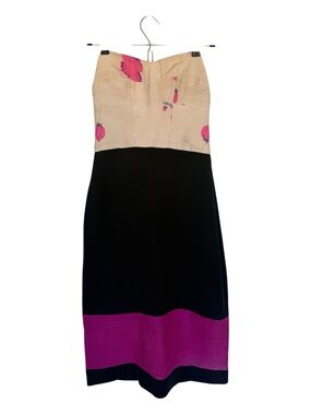 Chloe Dao Strapless Colorblock Midi Dress in Black, Cream & Pink